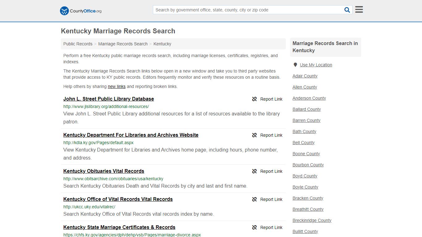 Kentucky Marriage Records Search - County Office